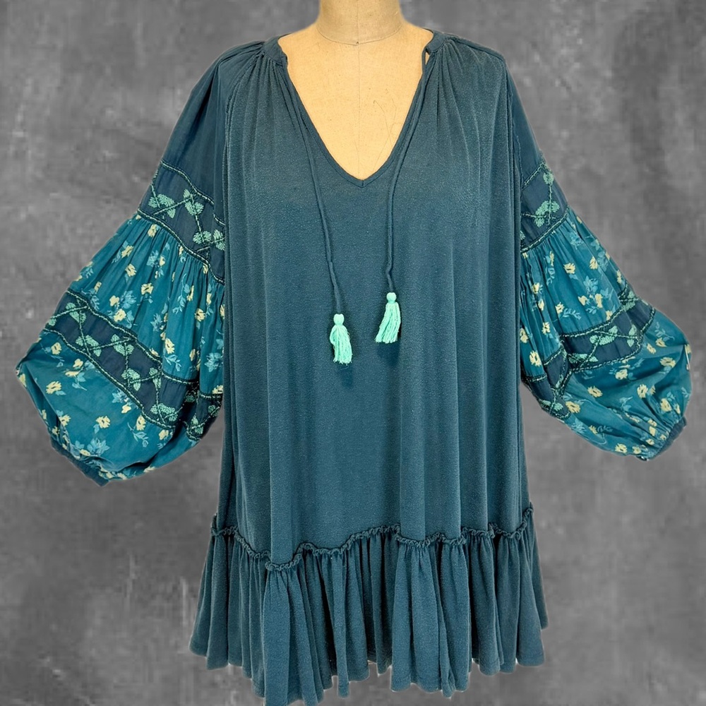 Free People jade combo mix it up dress tunic boho ruffle balloon sleeve teal